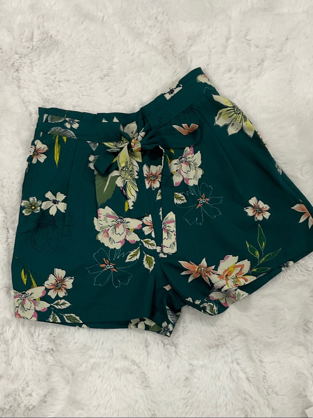DR2 Teal Floral High-Waist Tie Shorts